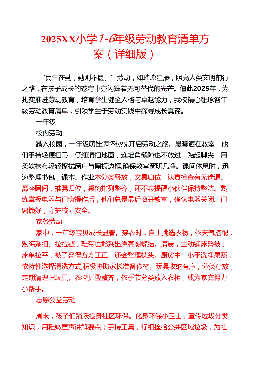 2025XX小学16年级劳动教育清单方案（详细版）.docx_第1页
