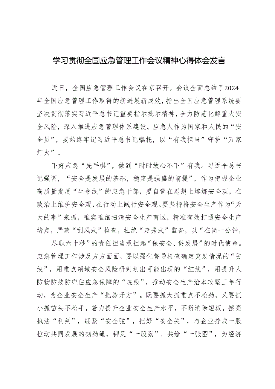 2025年学习贯彻全国应急管理工作会议精神心得体会发言.docx_第1页