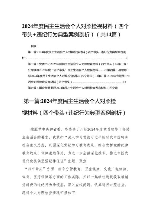 2024民主生活会个人对照检视材料（四个带头+违纪行为典型案例剖析）14篇.docx