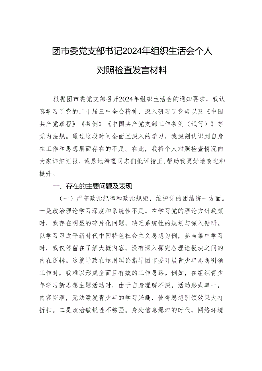 团市委党支部书记2024组织生活个人检查发言材料.docx_第1页