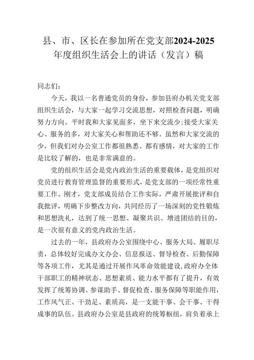 县、市、区长在参加所在党支部20242025组织生活会上的讲话（发言）稿.docx