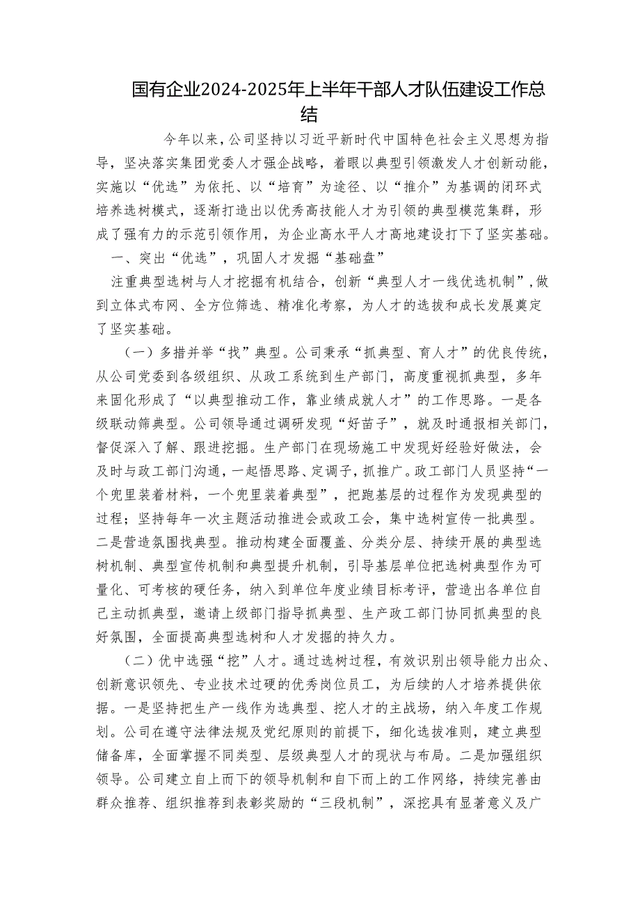 国有企业20242025年上半年干部人才队伍建设工作总结.docx_第1页