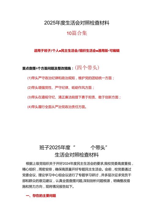 市委2025“四个带头”民主生活会个人对照检查材料十篇合集.docx