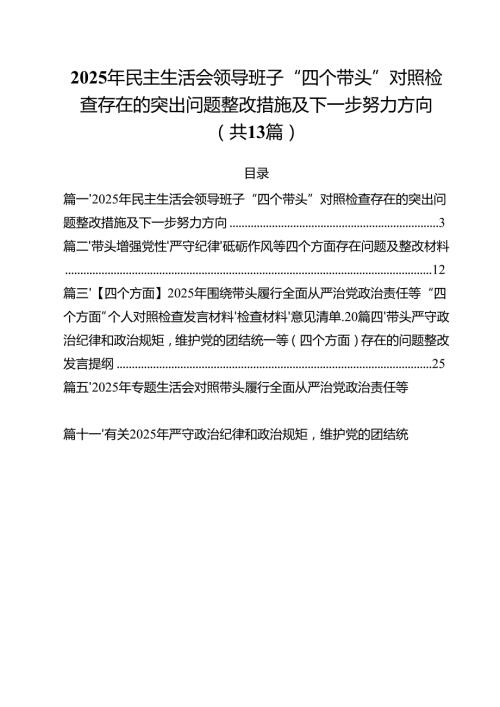 2025年民主生活会领导班子“四个带头”对照检查存在的突出问题整改措施及下一步努力方向（共13篇）.docx