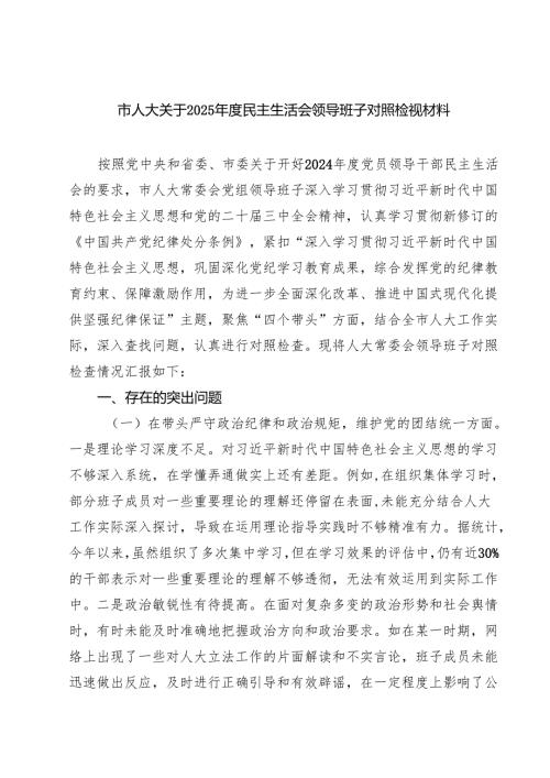 市人大关于2025民主生活会领导班子对照检视材料(精品四篇).docx