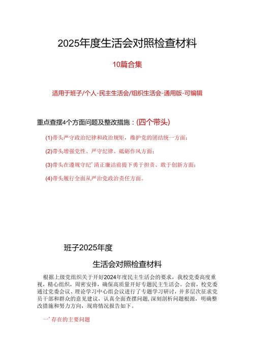 工信局领导班子2025民主生活会“四个带头”个人对照检查检视剖析整改资料含不足.docx
