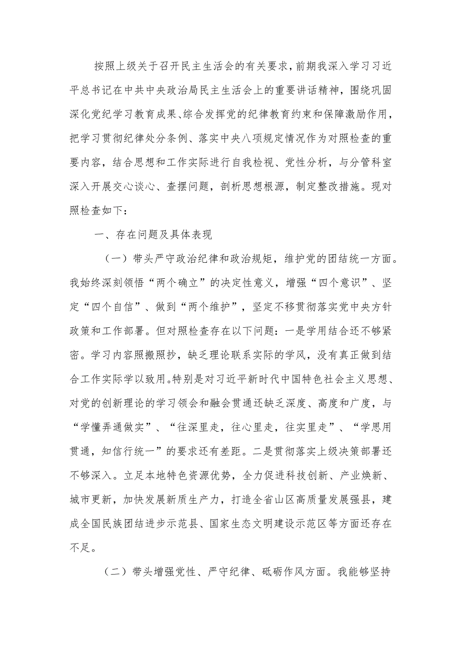 2024年县政府民主生活班子成员个人检查材料（四个带头）范文两篇.docx_第1页