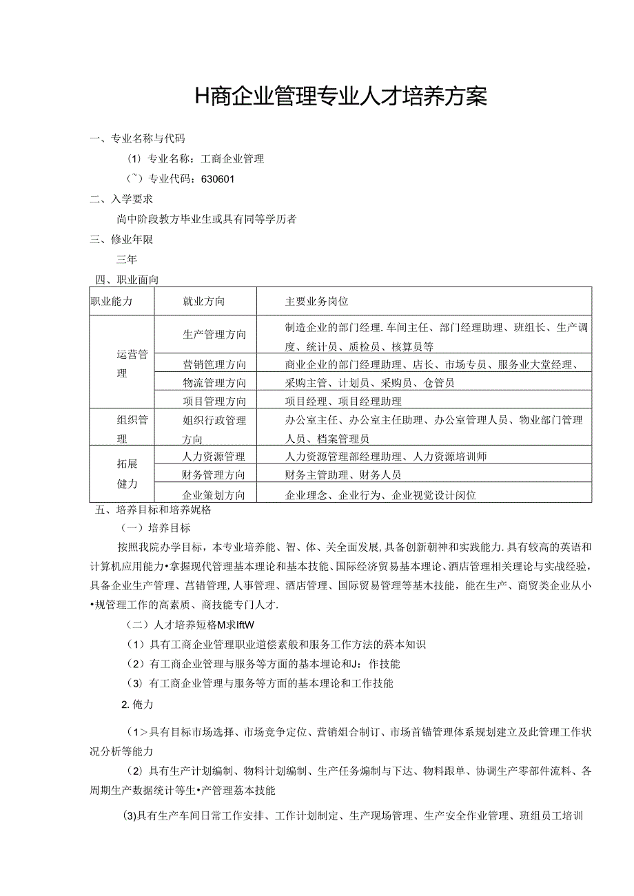 职业技术学校工商企业管理专业人才培养方案.docx_第1页
