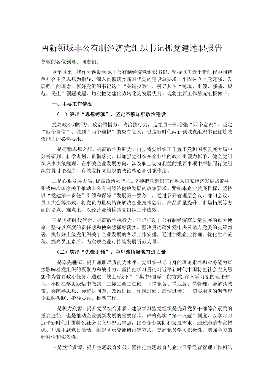 两新领域非公有制经济党组织书记抓党建述职报告.docx_第1页