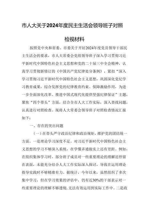 市人大关于2024民主生活会领导班子对照检视材料.docx