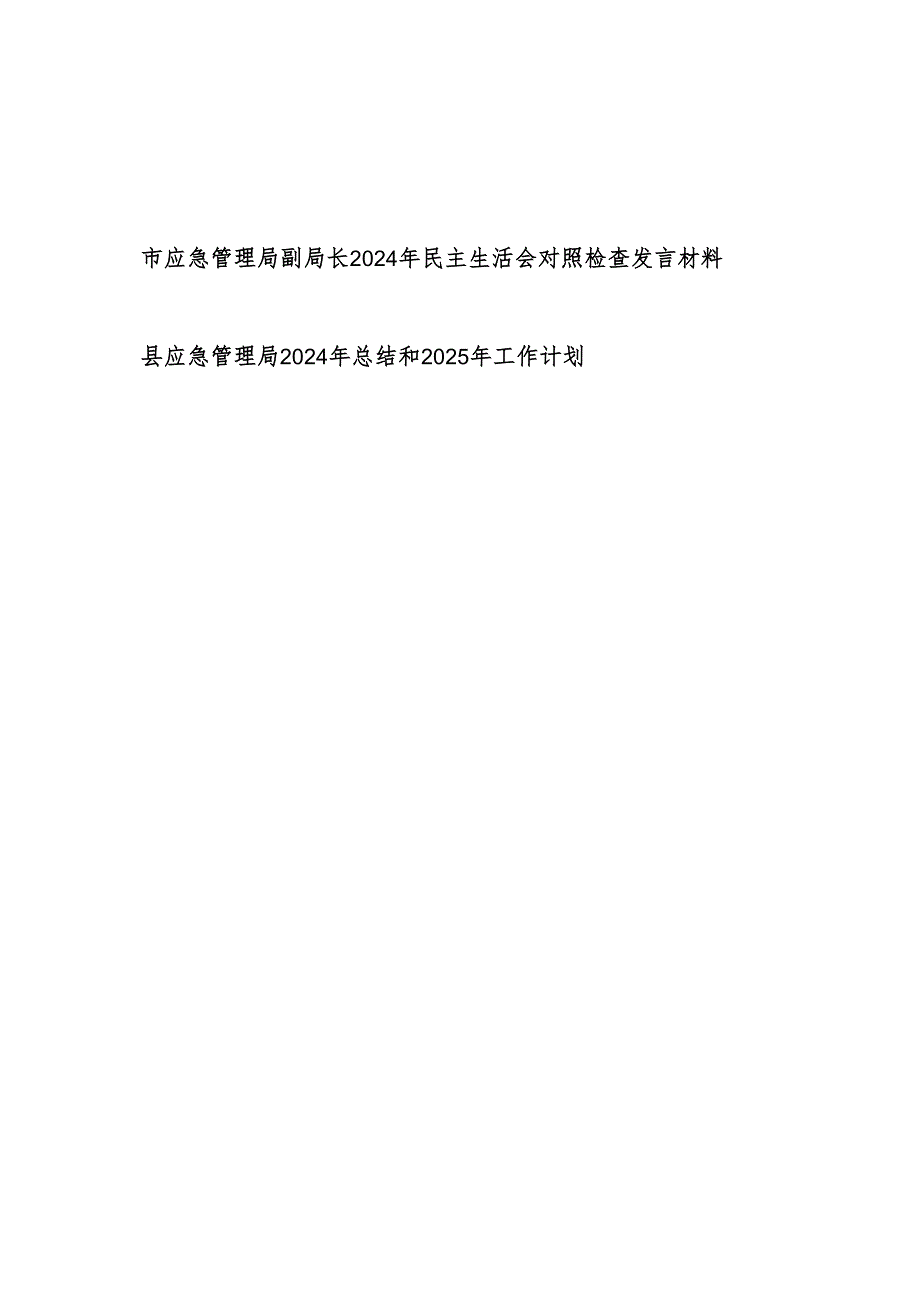 市应急管理局副局长四个带头六个方面2024年民主生活会个人对照检查发言材料和应急管理局2024年总结和2025年工作计划.docx_第1页