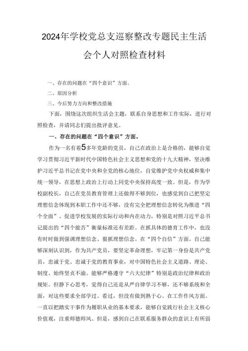 （2024年）学校党总支巡察整改专题民主生活会个人对照检查材料.docx