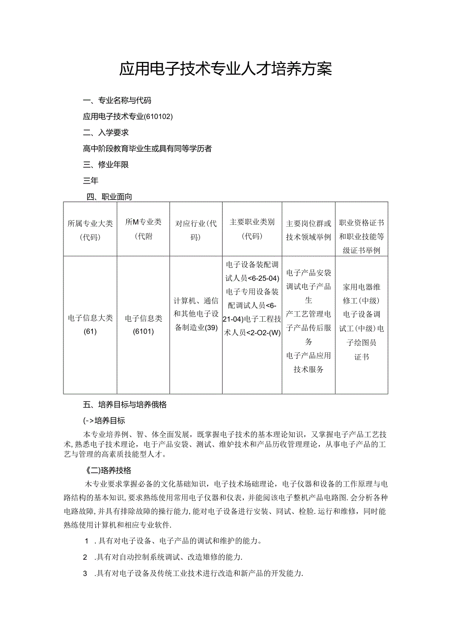 职业技术学校应用电子技术专业人才培养方案.docx_第1页