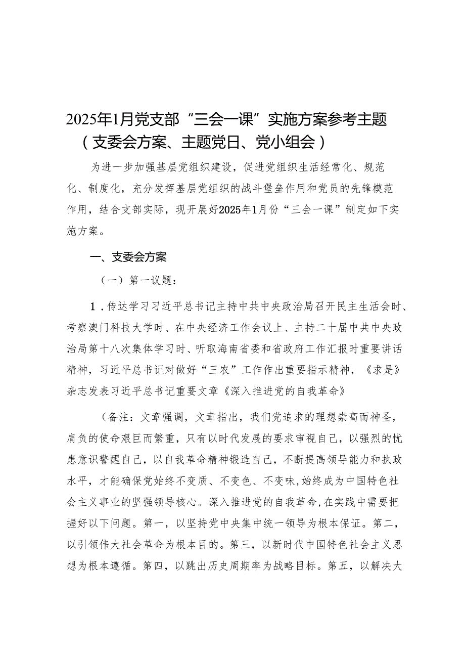 2025年1月党支部“三会一课”实施方案参考主题（支委会方案、主题党日、党小组会）.docx_第1页