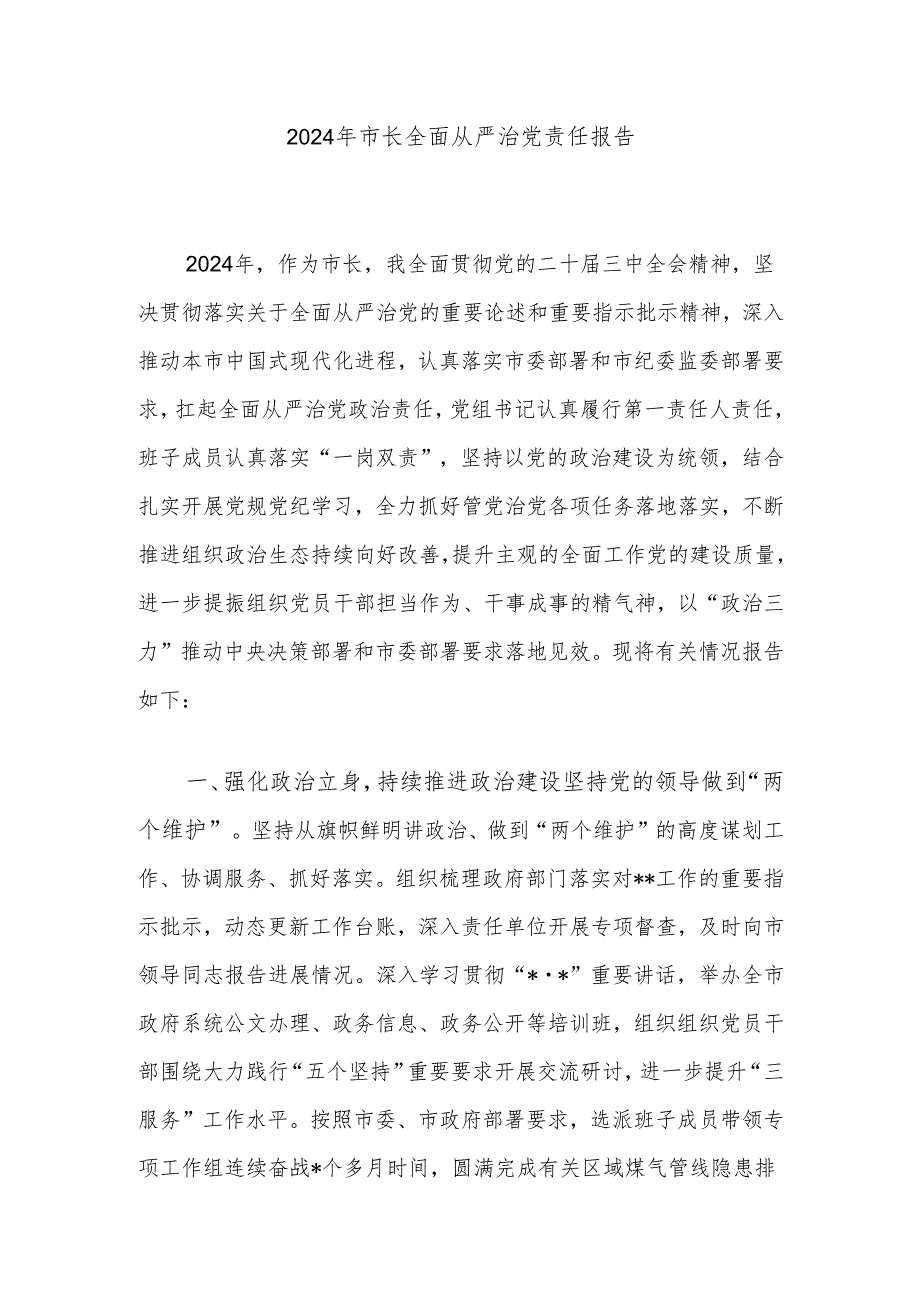 2024年市长全面从严治党责任报告.docx_第1页