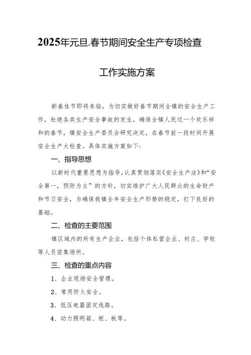 2025年《元旦、节期间安全生产专项检查》工作方案 汇编4份.docx