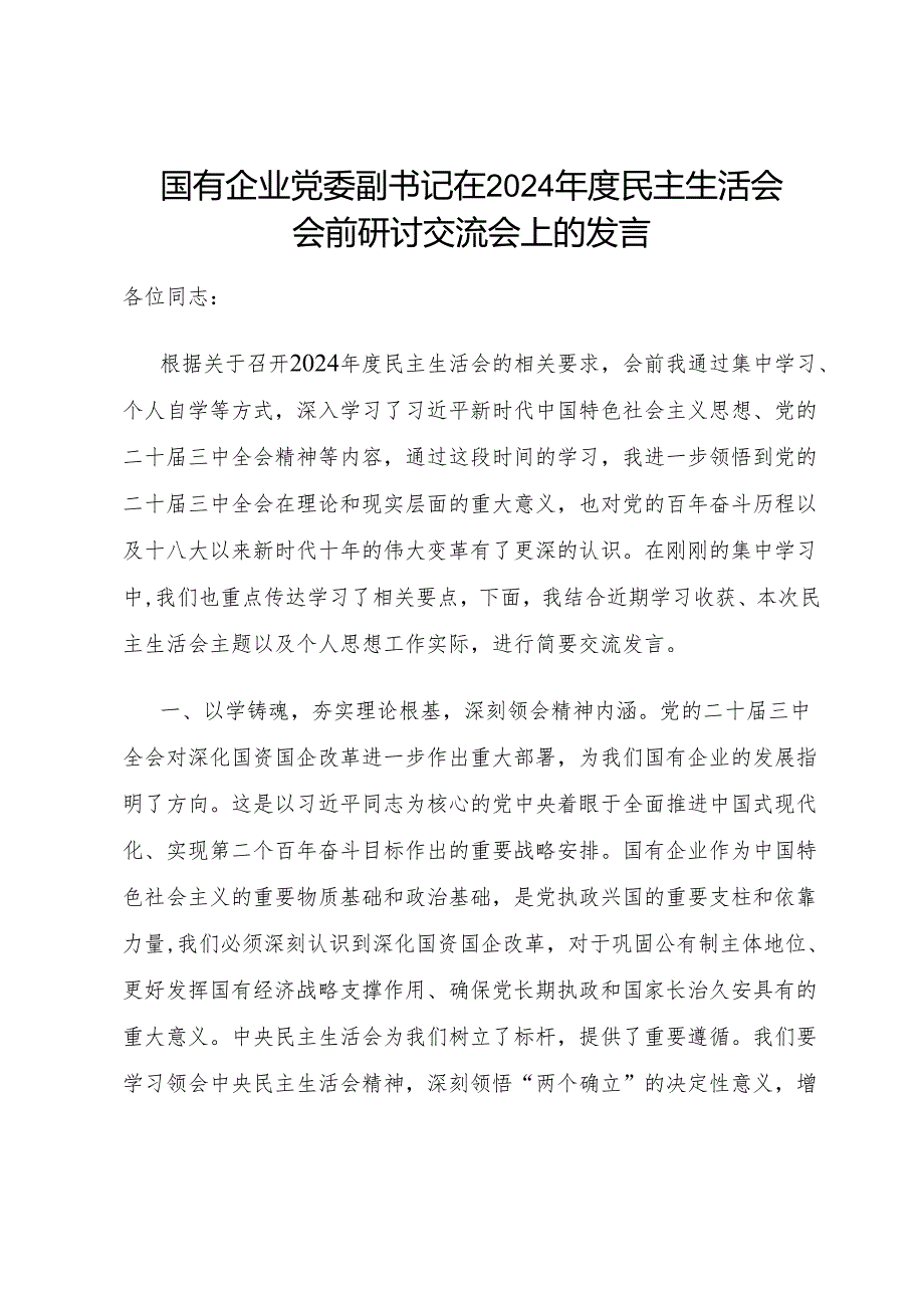 国有企业党委副书记在2024民主生活会会前研讨交流会发言和四个带头2024民主生活会个人对照检查材料.docx_第2页