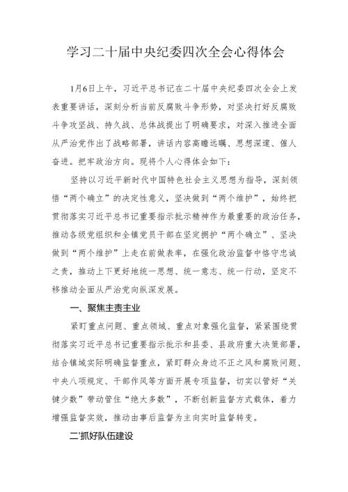 学习二十中央纪委四次全会心得体会 （合计17份）.docx