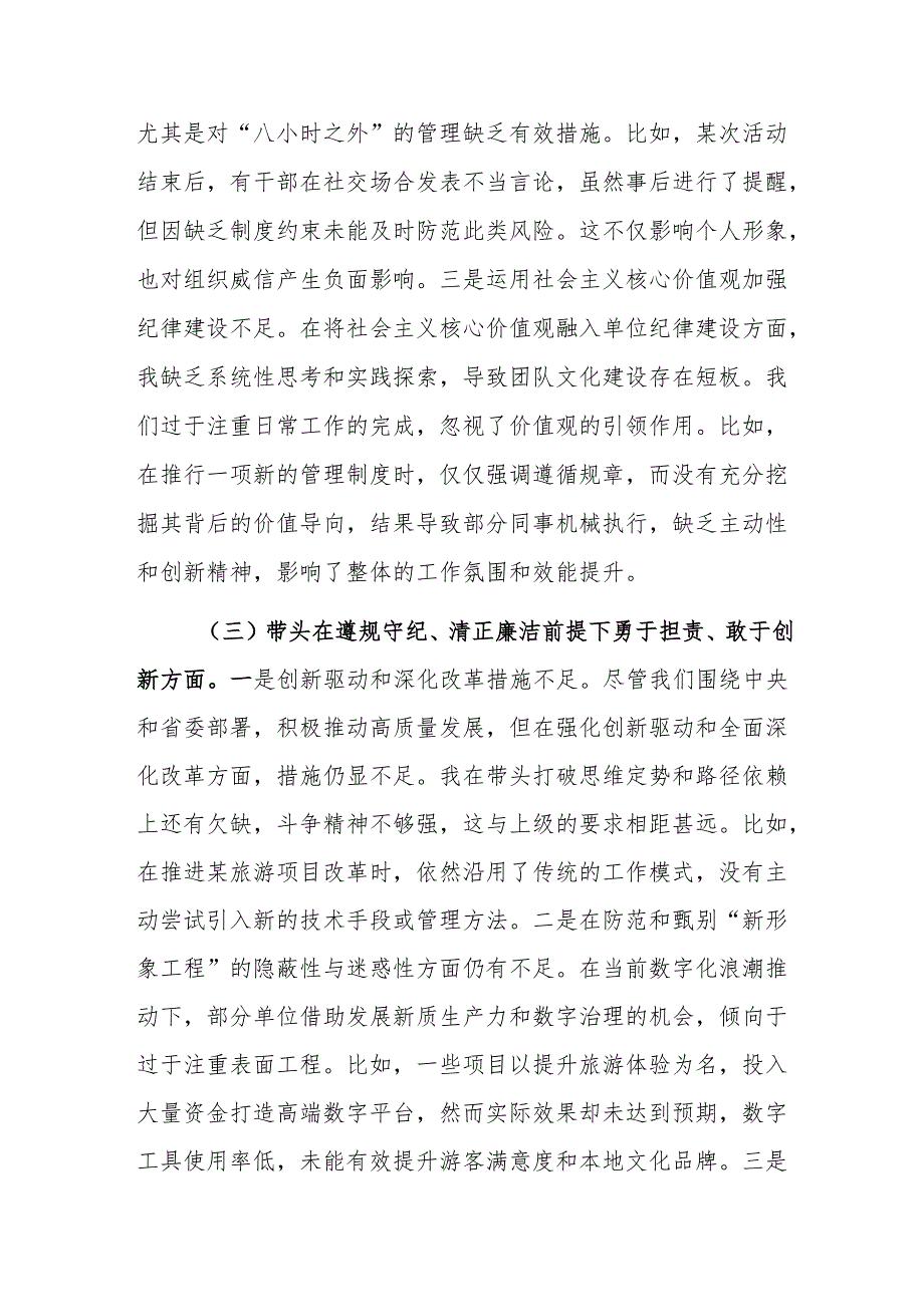 文旅领导干部2024民主生活会（新四个带头+案例剖析）对照检查材料范文.docx_第3页