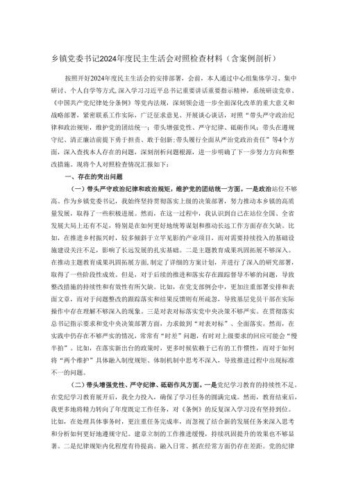 乡镇党委书记2024民主生活会对照检查材料（含案例剖析）.docx