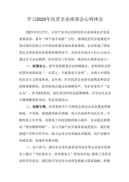 2025年私营企业学习民营企业座谈会个人心得感悟 （汇编5份）(1).docx