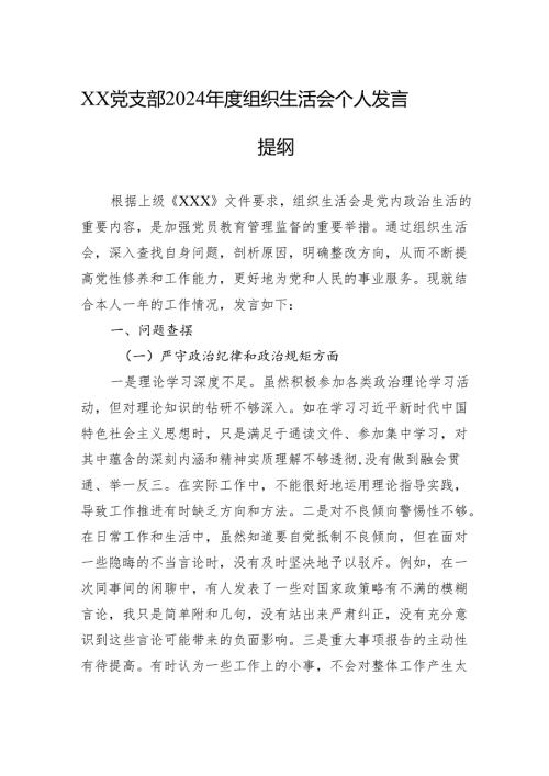 XX党支部2024组织生活会个人发言提纲.docx