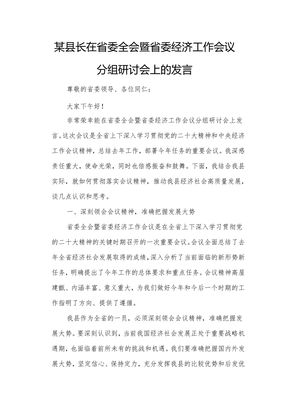 某县长在省委全会暨省委经济工作会议分组研讨会上的发言.docx_第1页