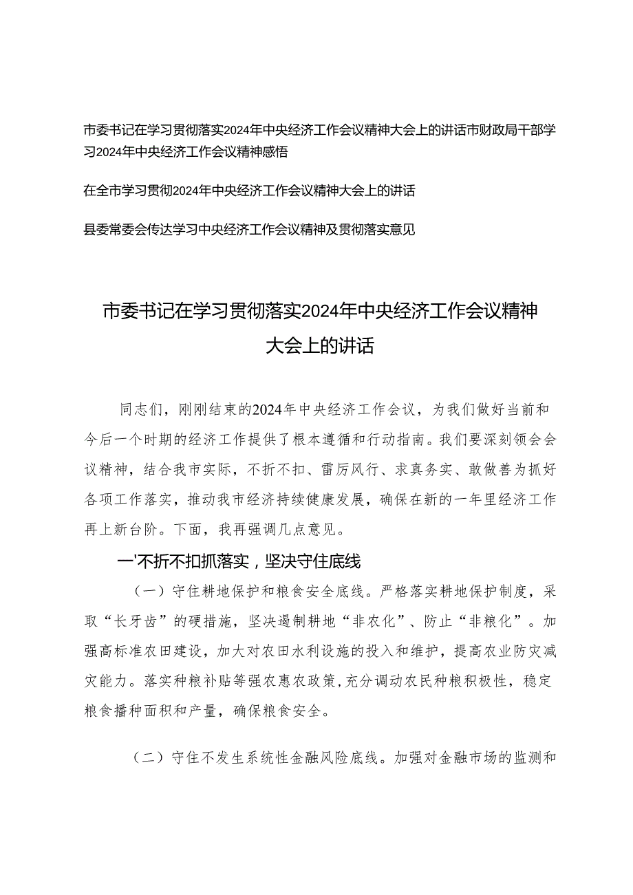 2025年市委书记、干部在学习贯彻落实2024年中央经济工作会议精神大会上的讲话、感悟.docx_第1页