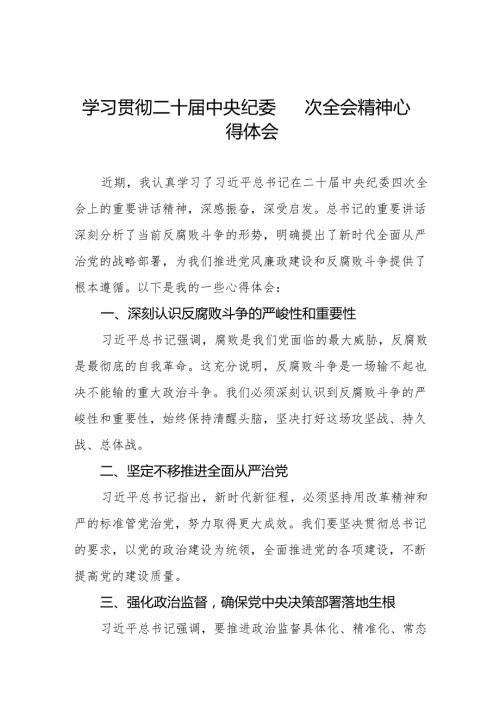 二十中央纪委四次全会重要精神的心得体会12篇.docx