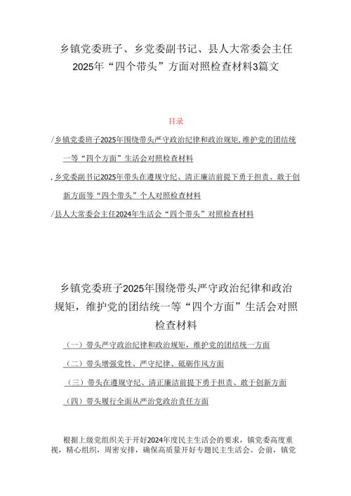 乡镇党委班子、乡党委副书记、县人大常委会主任2025年“四个带头”方面对照检查材料3篇文.docx