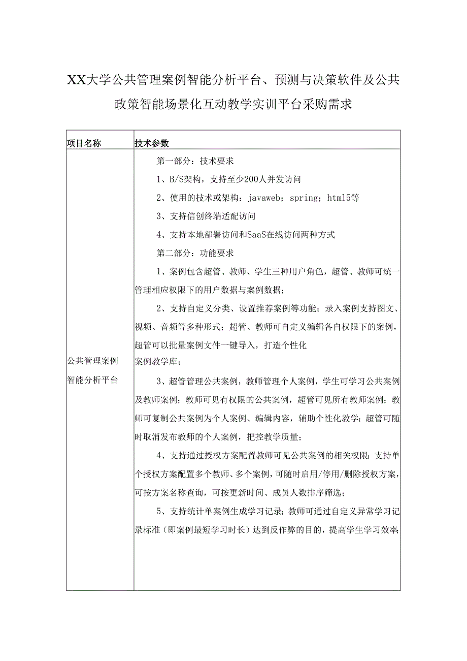 XX大学公共管理案例智能分析平台、预测与决策软件及公共政策智能场景化互动教学实训平台采购需求.docx_第1页