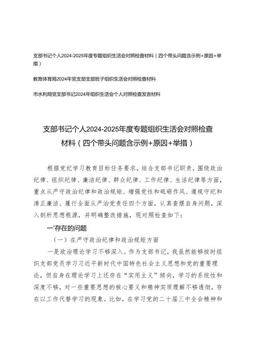 支部书记个人20242025专题组织生活会对照检查材料（四个带头问题含示例+原因+举措）.docx