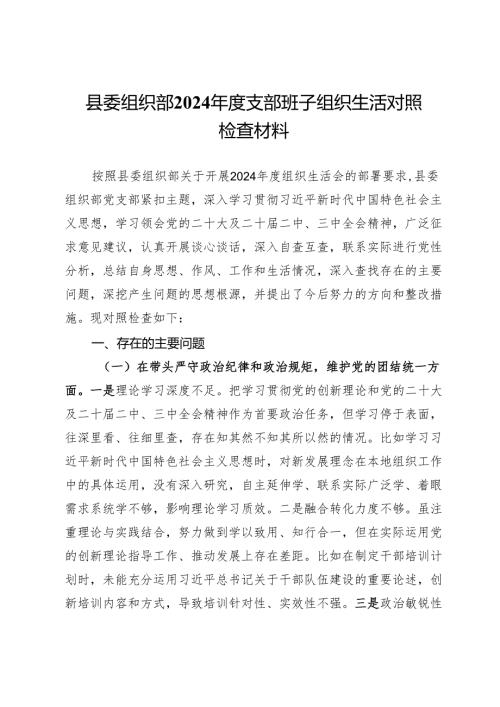 县委组织部2024支部班子组织生活对照检查材料.docx