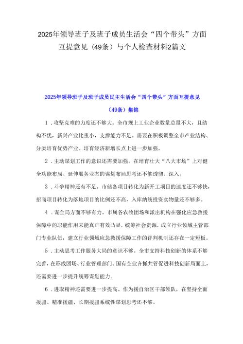2025年领导班子及班子成员生活会“四个带头”方面互提意见(49条)与个人检查材料2篇文.docx