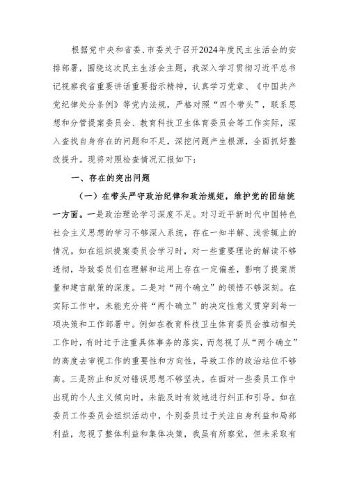 最新政协副主席2024民主生活个人四个带头检查材料发言材料Word文档.docx