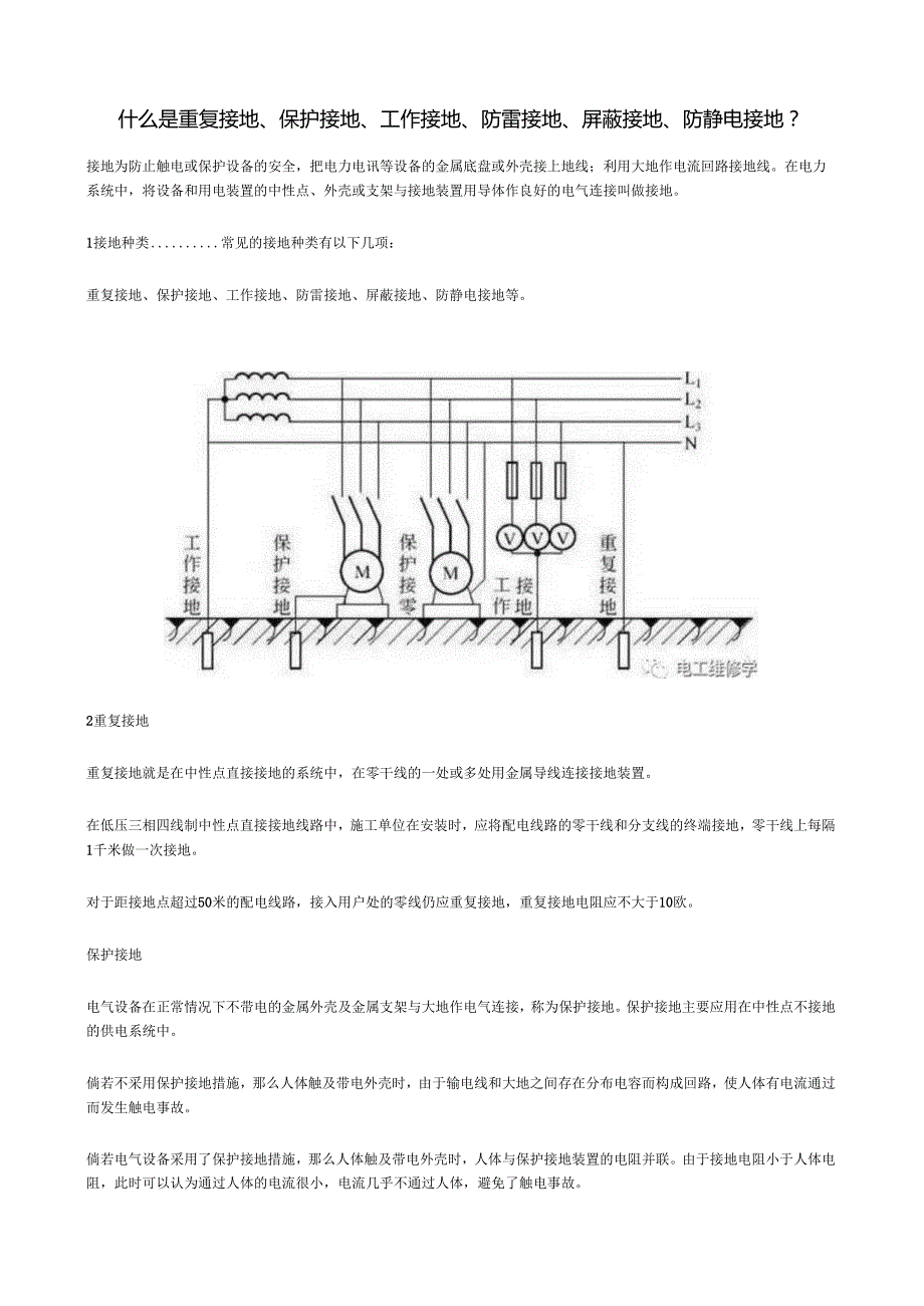 什么是重复接地、保护接地、工作接地、防雷接地、屏蔽接地、防静电接地？(a).docx_第1页