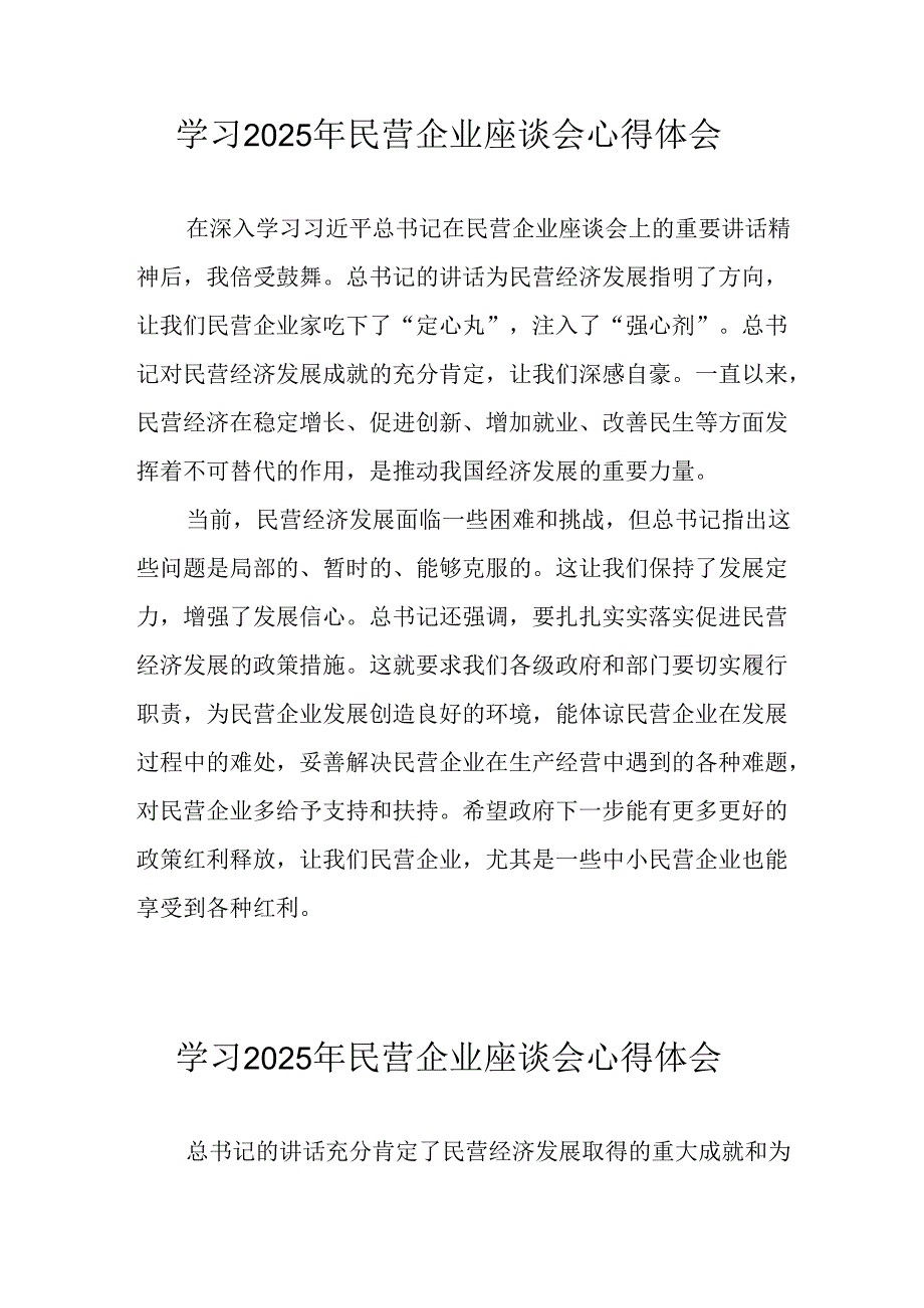 2025年私营企业学习《民营企业座谈会》个人心得感悟 合计12份.docx_第1页