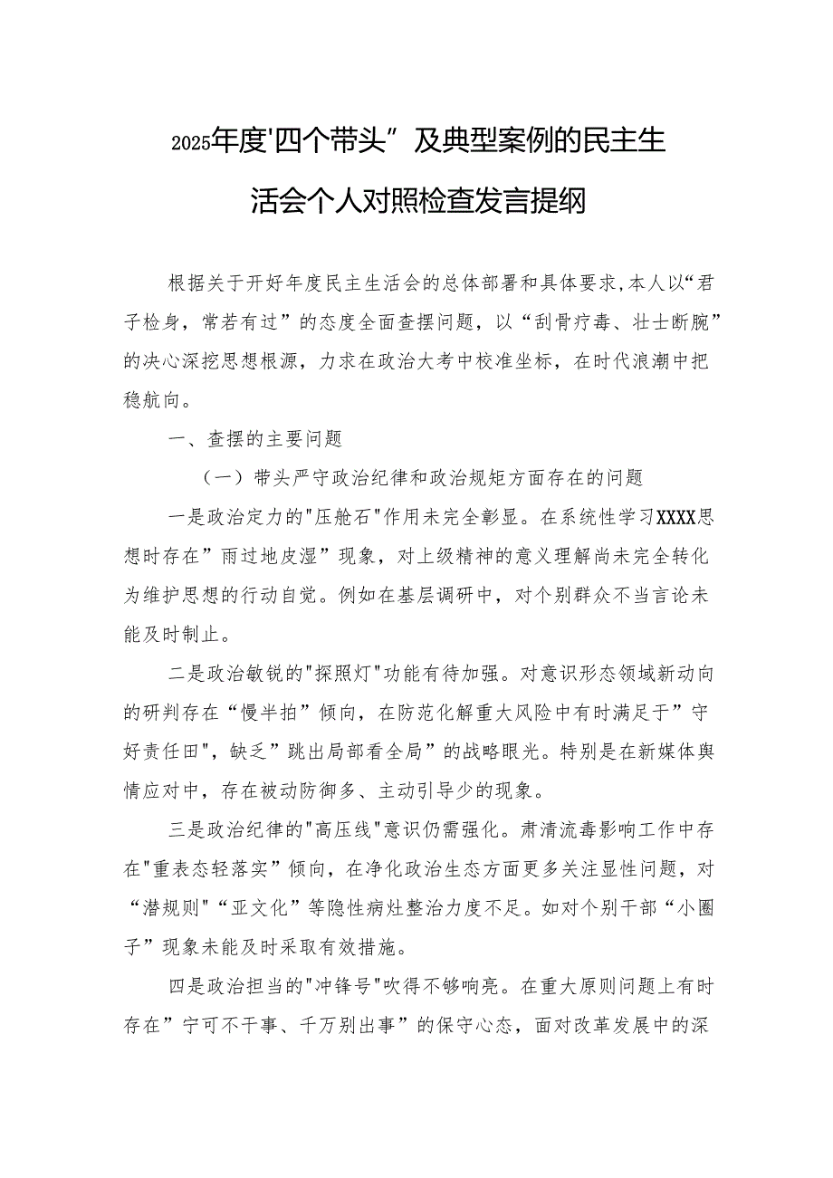 2025四个带头及典型案例的民主生活会个人对照检查发言材料.docx_第1页