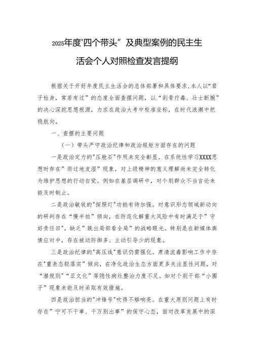 2025四个带头及典型案例的民主生活会个人对照检查发言材料.docx