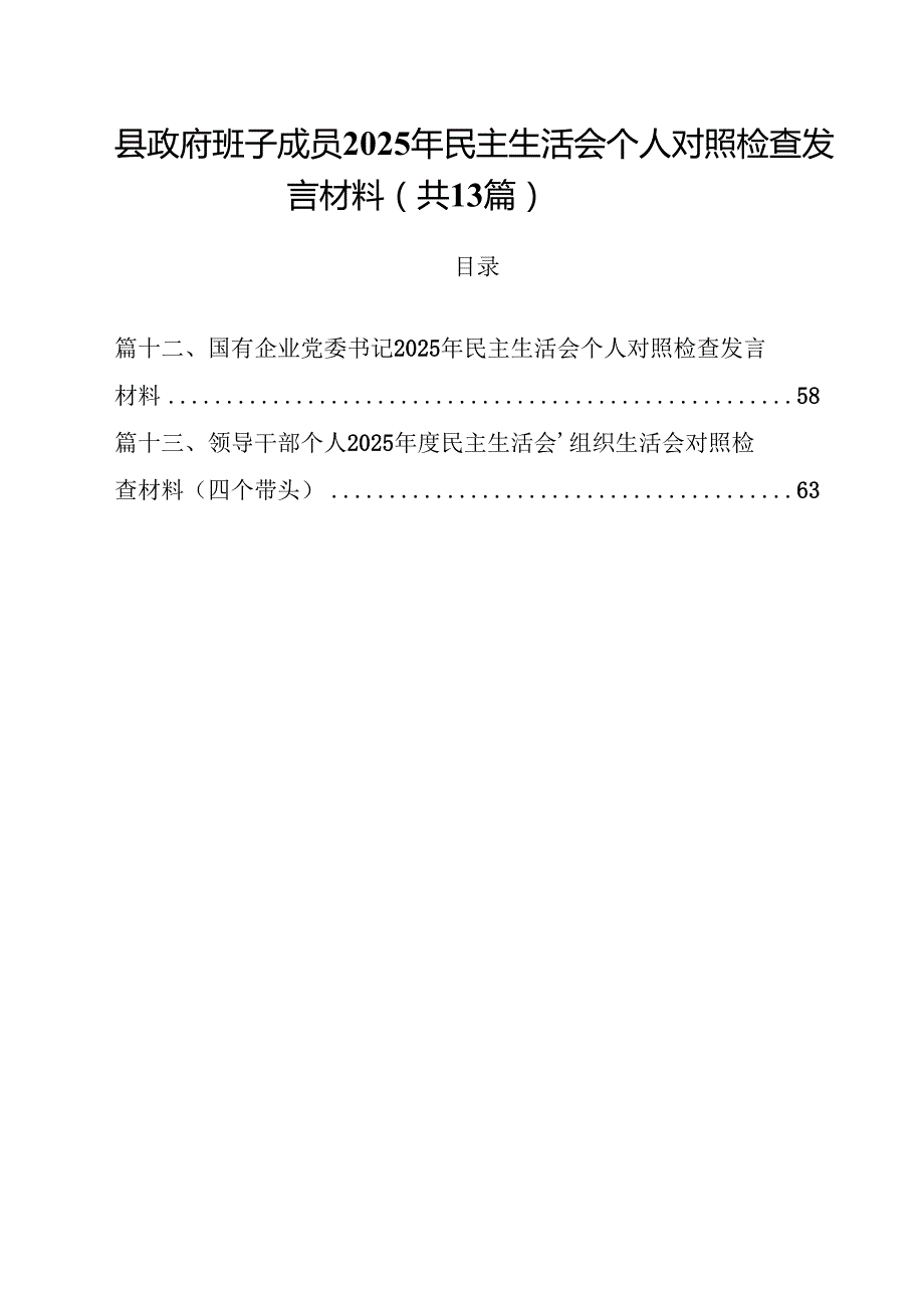 县政府班子成员2025年民主生活会个人对照检查发言材料（共13篇）.docx_第1页