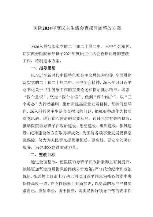 医院2024民主生活会查摆问题整改方案.docx