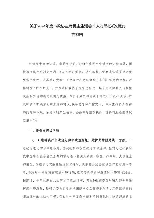 关于2024市政协主席民主生活会个人对照检视2篇发言材料.docx