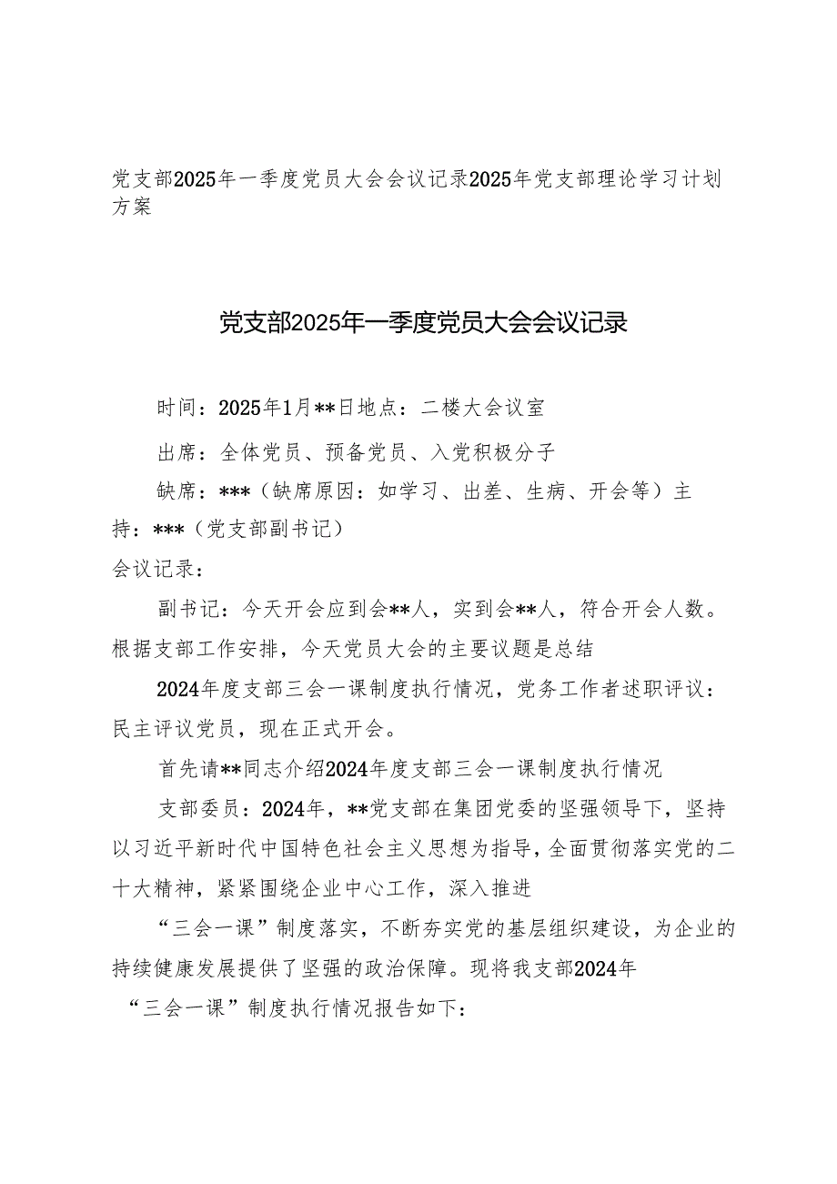 党支部2025年一季度党员大会会议记录+2025年党支部理论学习计划方案.docx_第1页