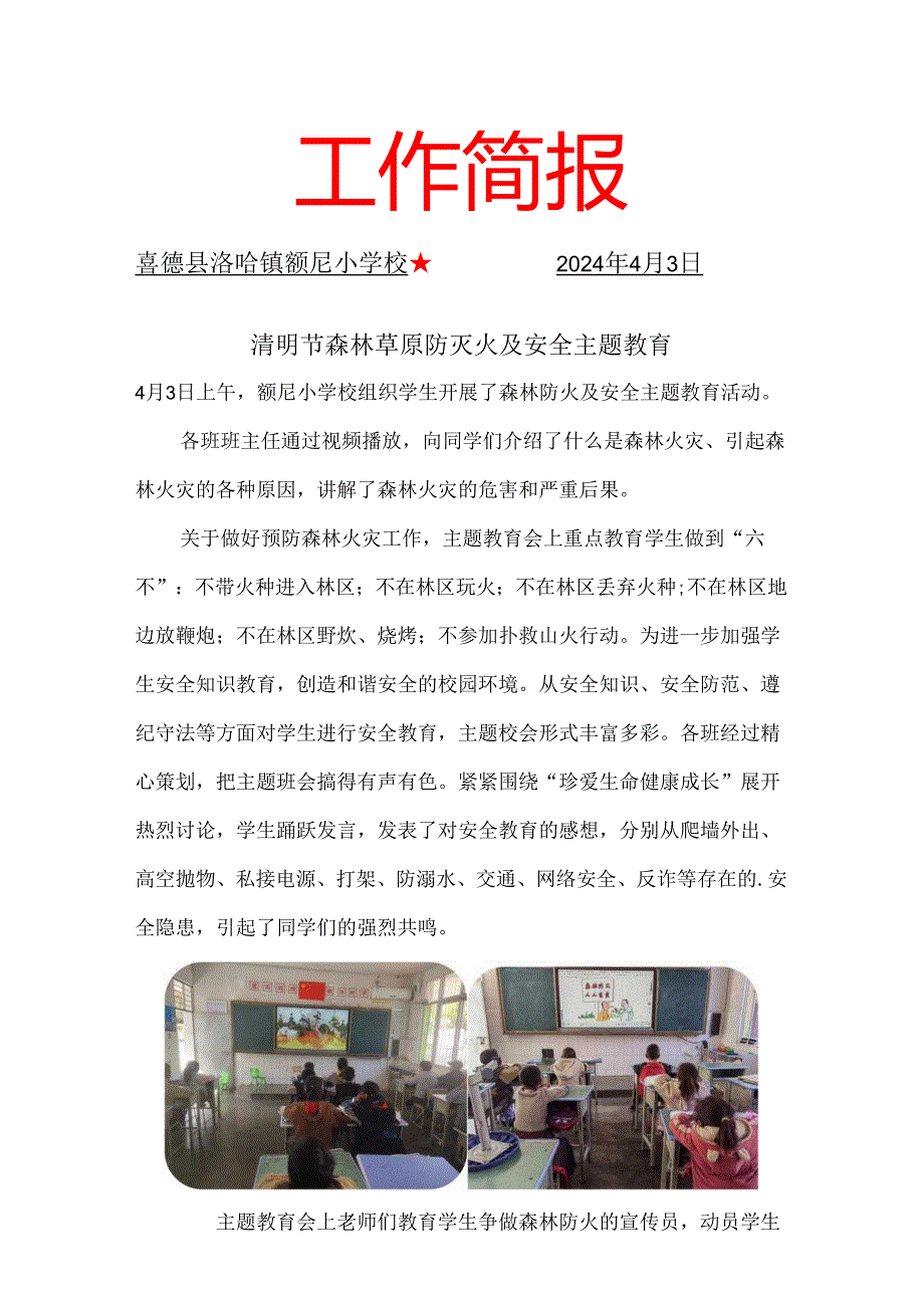 喜德县洛哈镇额尼小学校清明节森林防灭火及安全主题教育活动简报.docx_第1页