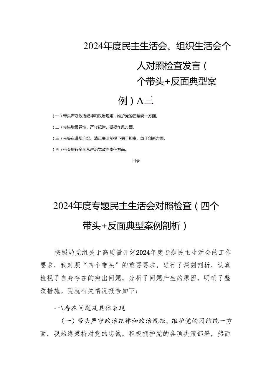 2024民主生活、组织生活个人检查发言（四个带头+反面典型案例） 八篇.docx_第1页