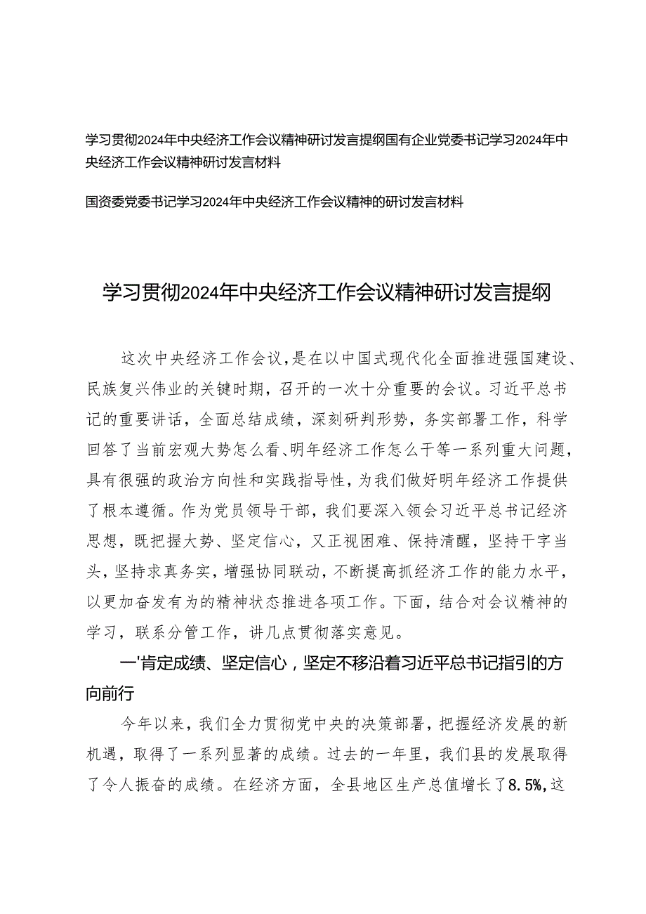 2025年2月 党委书记学习2024年中央经济工作会议精神研讨发言材料.docx_第1页