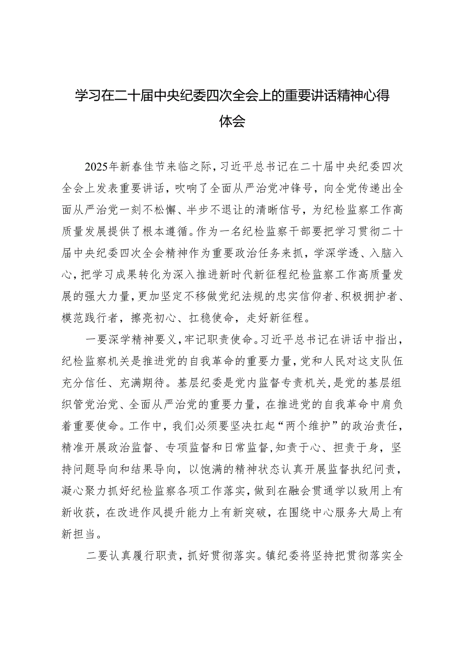 2025年学习在二十中央纪委四次全会上的重要讲话精神心得体会.docx_第1页