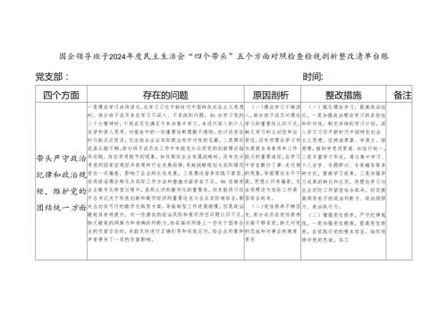 国企领导班子2024民主生活会“四个带头”五个方面对照检查检视剖析整改清单台账.docx