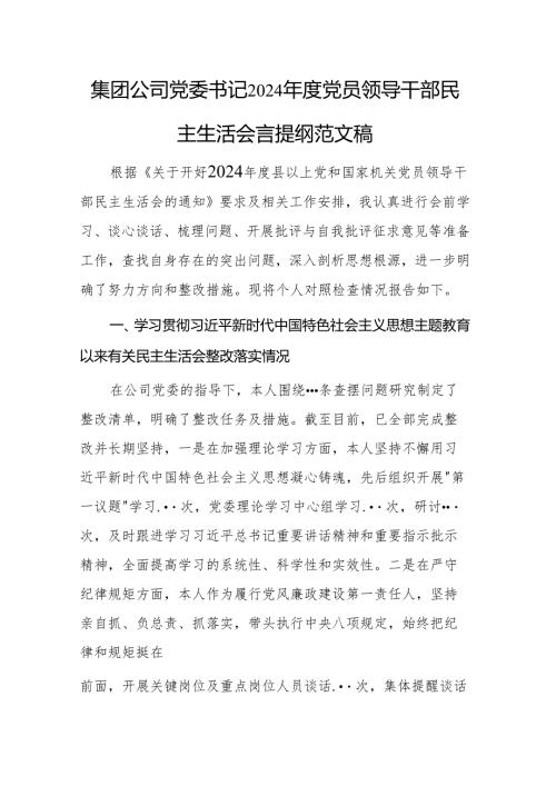 集团公司党委书记2024党员领导干部民主生活会个人发言提纲范文稿.docx