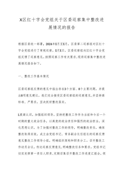 X区红十字会党组关于区委巡察集中整改进展情况的报告.docx
